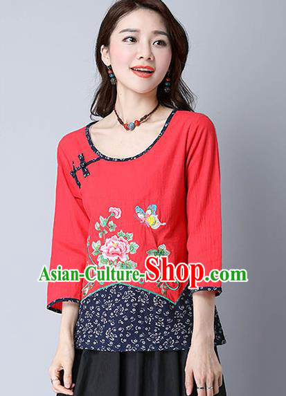 Traditional Chinese National Costume, Elegant Hanfu Embroidery Peony Flowers Red T-Shirt, China Tang Suit Republic of China Plated Button Chirpaur Blouse Cheong-sam Upper Outer Garment Qipao Shirts Clothing for Women