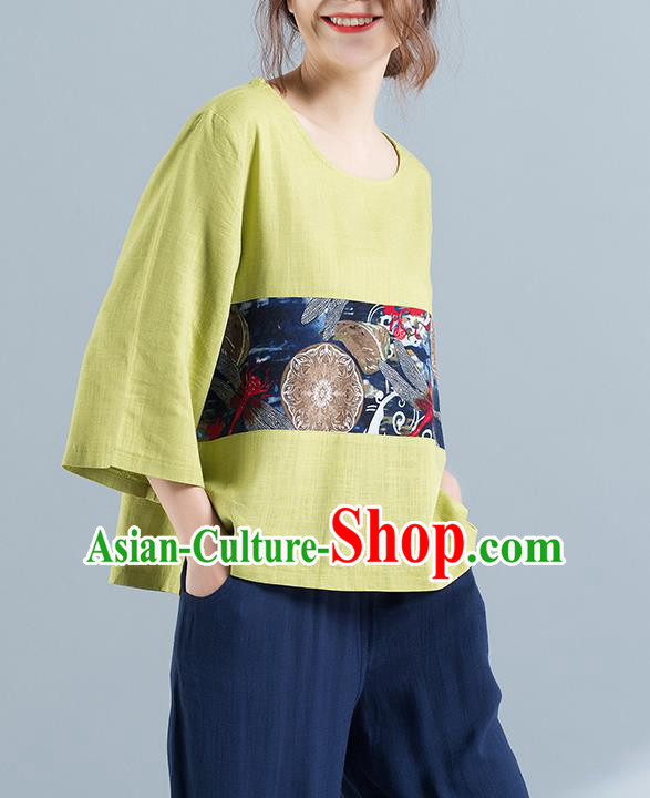 Traditional Chinese National Costume, Elegant Hanfu Yellow T-Shirt, China Tang Suit Blouse Upper Outer Garment Qipao Shirts Clothing for Women
