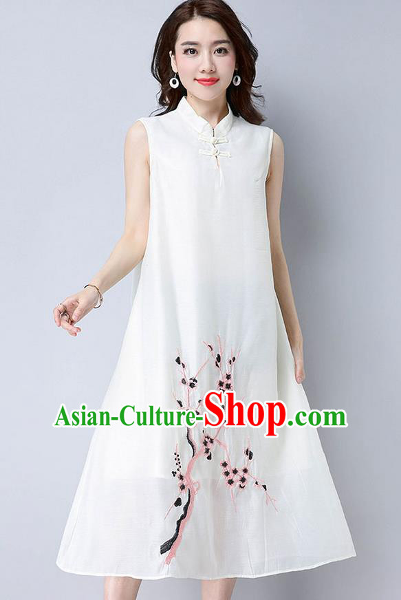 Traditional Ancient Chinese National Costume, Elegant Hanfu Mandarin Qipao Linen Embroidery Plum Blossom White Dress, China Tang Suit Chirpaur Republic of China Cheongsam Upper Outer Garment Elegant Dress Clothing for Women