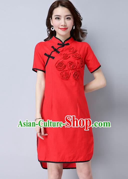 Traditional Ancient Chinese National Costume, Elegant Hanfu Mandarin Qipao Flowers Linen Red Dress, China Tang Suit Chirpaur Republic of China Cheongsam Upper Outer Garment Elegant Dress Clothing for Women