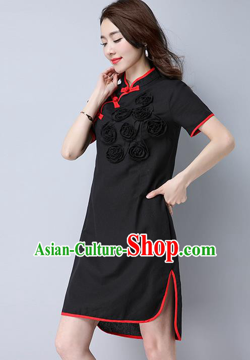 Traditional Ancient Chinese National Costume, Elegant Hanfu Mandarin Qipao Flowers Linen Black Dress, China Tang Suit Chirpaur Republic of China Cheongsam Upper Outer Garment Elegant Dress Clothing for Women