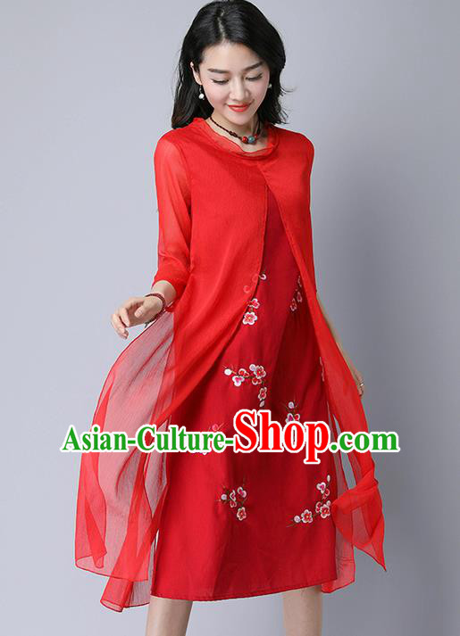 Traditional Ancient Chinese National Costume, Elegant Hanfu Mandarin Qipao Embroidery Red Dress, China Tang Suit Chirpaur Upper Outer Garment Elegant Dress Clothing for Women