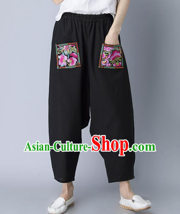 Traditional Chinese National Costume Plus Fours, Elegant Hanfu Patch Embroidered Black Bloomers, China Ethnic Minorities Tang Suit Pantalettes for Women