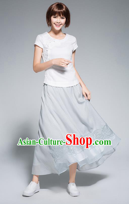 Traditional Ancient Chinese National Pleated Skirt Costume, Elegant Hanfu Chiffon Embroidery Long Blue Dress, China Tang Suit Big Swing Bust Skirt for Women