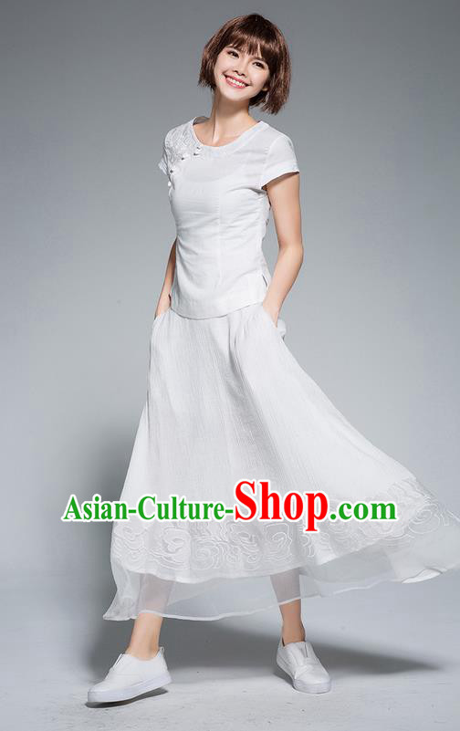 Traditional Ancient Chinese National Pleated Skirt Costume, Elegant Hanfu Chiffon Embroidery Long White Dress, China Tang Suit Big Swing Bust Skirt for Women