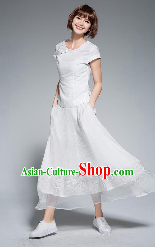 Traditional Ancient Chinese National Pleated Skirt Costume, Elegant Hanfu Chiffon Embroidery Long White Dress, China Tang Suit Big Swing Bust Skirt for Women