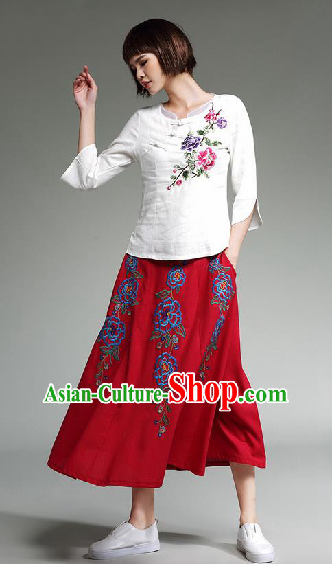 Traditional Ancient Chinese National Pleated Skirt Costume, Elegant Hanfu Linen Embroidery Long Red Dress, China Tang Suit Big Swing Bust Skirt for Women