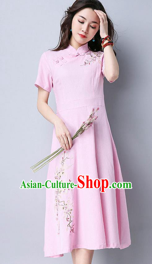 Traditional Ancient Chinese National Costume, Elegant Hanfu Mandarin Qipao Embroidery Pink Dress, China Tang Suit Chirpaur Upper Outer Garment Elegant Dress Clothing for Women