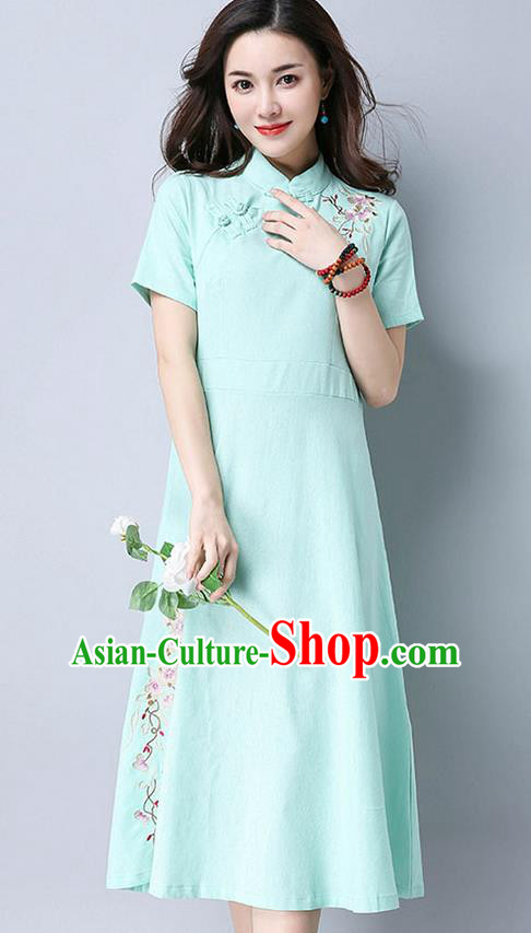 Traditional Ancient Chinese National Costume, Elegant Hanfu Mandarin Qipao Embroidery Blue Dress, China Tang Suit Chirpaur Upper Outer Garment Elegant Dress Clothing for Women