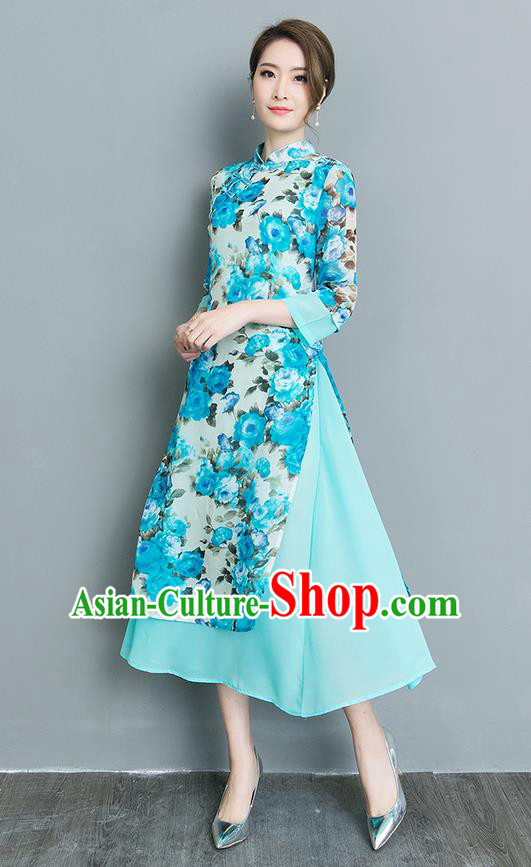 Traditional Ancient Chinese National Costume, Elegant Hanfu Mandarin Qipao Blue Dress, China Tang Suit Chirpaur Upper Outer Garment Elegant Dress Clothing for Women