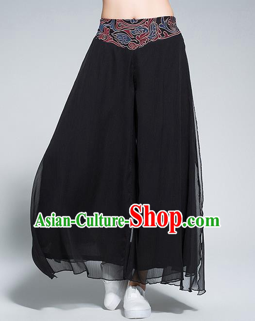 Traditional Chinese National Costume Loose Pants, Elegant Hanfu Embroidered Waistband Chiffon Black Wide leg Pants, China Ethnic Minorities Tang Suit Folk Dance Ultra-wide-leg Trousers for Women