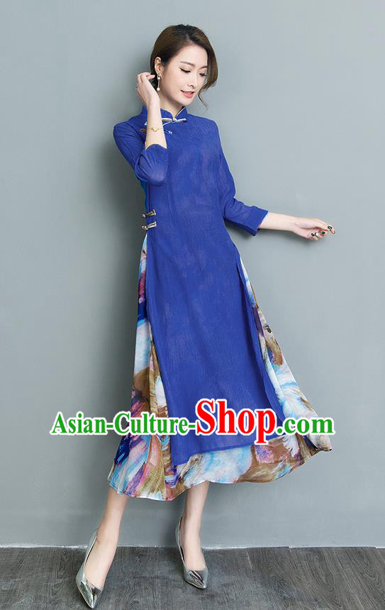 Traditional Ancient Chinese National Costume, Elegant Hanfu Mandarin Qipao Double-deck Printing Blue Dress, China Tang Suit Chirpaur Republic of China Cheongsam Upper Outer Garment Elegant Dress Clothing for Women