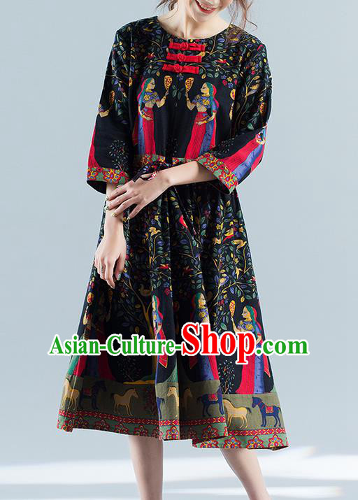 Traditional Ancient Chinese National Costume, Elegant Hanfu Mandarin Qipao Printing Folk Dance Navy Big Swing Dress, China Tang Suit National Minority Upper Outer Garment Elegant Dress Clothing for Women