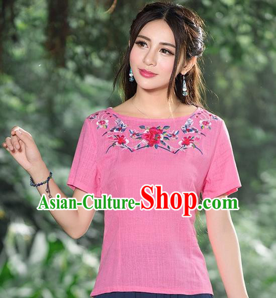 Traditional Chinese National Costume, Elegant Hanfu Embroidery Flowers Pink Base Shirt, China Tang Suit Republic of China Chirpaur Blouse Cheong-sam Upper Outer Garment Qipao Shirts Clothing for Women