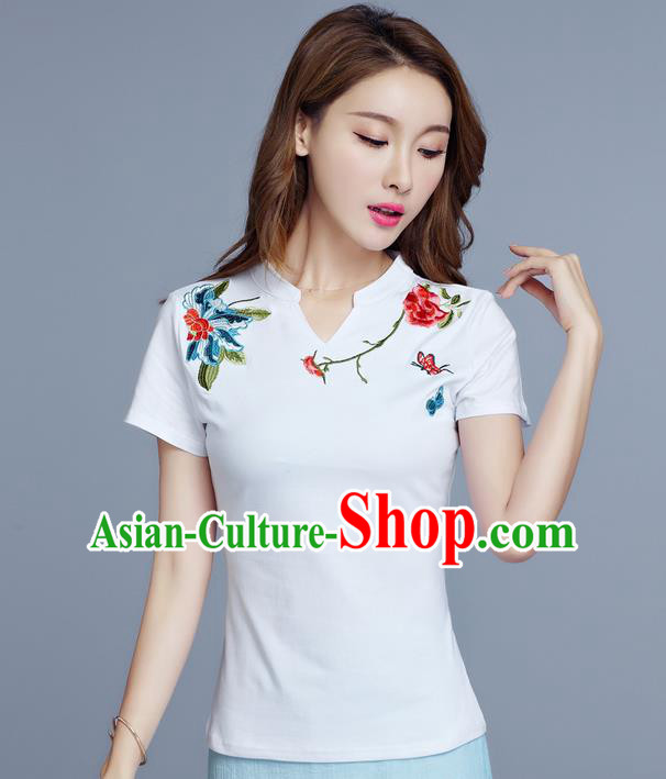 Traditional Chinese National Costume, Elegant Hanfu Embroidery Flowers White Base T-Shirt, China Tang Suit Republic of China Chirpaur Blouse Cheong-sam Upper Outer Garment Qipao Shirts Clothing for Women