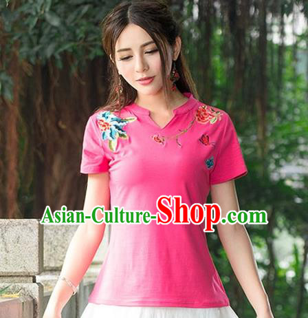 Traditional Chinese National Costume, Elegant Hanfu Embroidery Flowers Pink Base T-Shirt, China Tang Suit Republic of China Chirpaur Blouse Cheong-sam Upper Outer Garment Qipao Shirts Clothing for Women