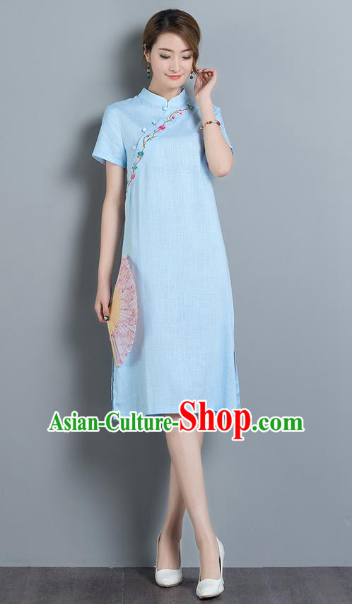 Traditional Ancient Chinese National Costume, Elegant Hanfu Mandarin Qipao Embroidery Stand Collar Blue Dress, China Tang Suit Chirpaur Upper Outer Garment Elegant Dress Clothing for Women
