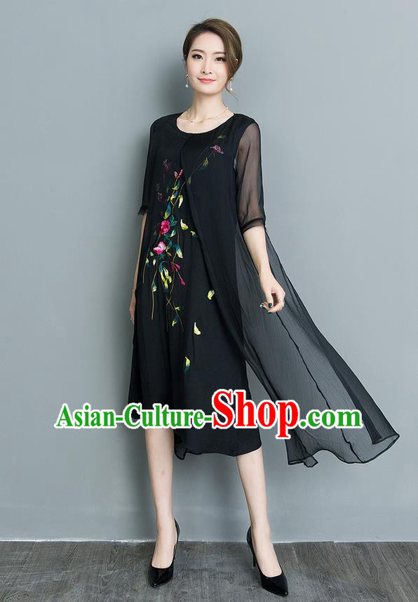 Traditional Ancient Chinese National Costume, Elegant Hanfu Mandarin Qipao Embroidery Double-deck Black Silk Dress, China Tang Suit Upper Outer Garment Elegant Dress Clothing for Women