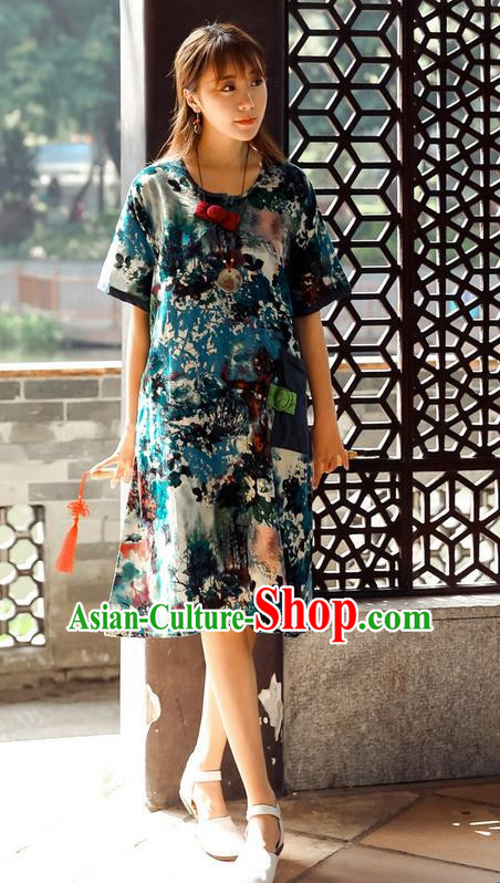 Traditional Ancient Chinese National Costume, Elegant Hanfu Mandarin Qipao Ink Painting Peacock Blue Dress, China Tang Suit Chirpaur Upper Outer Garment Elegant Dress Clothing for Women