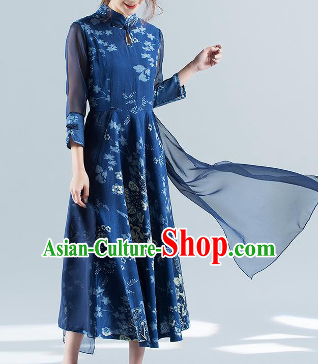 Traditional Ancient Chinese National Costume, Elegant Hanfu Mandarin Qipao Chiffon Printing Blue Double-deck Dress, China Tang Suit Chirpaur Republic of China Cheongsam Upper Outer Garment Elegant Dress Clothing for Women