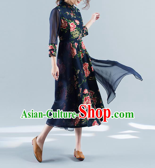 Traditional Ancient Chinese National Costume, Elegant Hanfu Mandarin Qipao Chiffon Printing Black Double-deck Dress, China Tang Suit Chirpaur Republic of China Cheongsam Upper Outer Garment Elegant Dress Clothing for Women