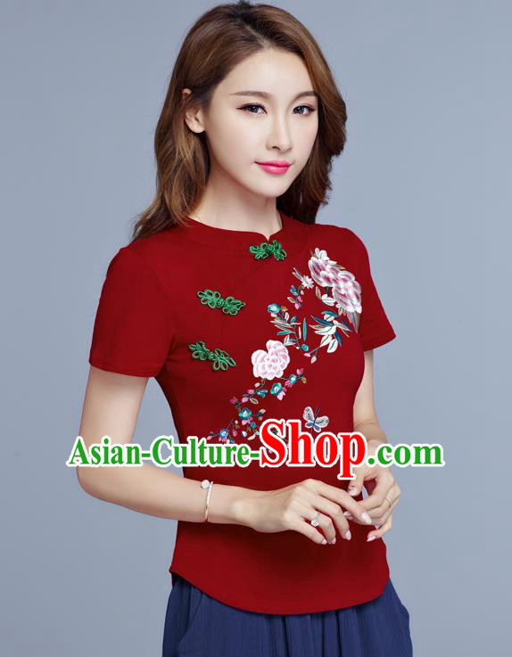 Traditional Chinese National Costume, Elegant Hanfu Embroidery Flowers Slant Opening Red T-Shirt, China Tang Suit Plated Buttons Chirpaur Blouse Cheong-sam Upper Outer Garment Qipao Shirts Clothing for Women