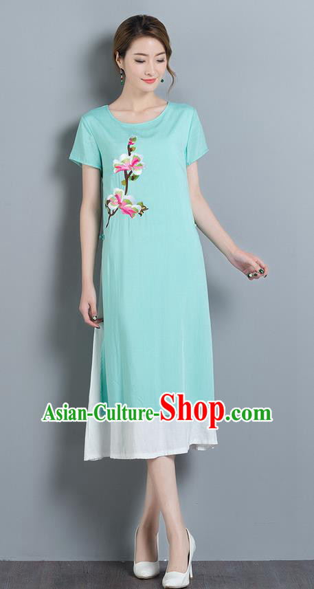 Traditional Ancient Chinese National Costume, Elegant Hanfu Mandarin Qipao Linen Embroidery Blue Dress, China Tang Suit Cheongsam Elegant Dress Clothing for Women