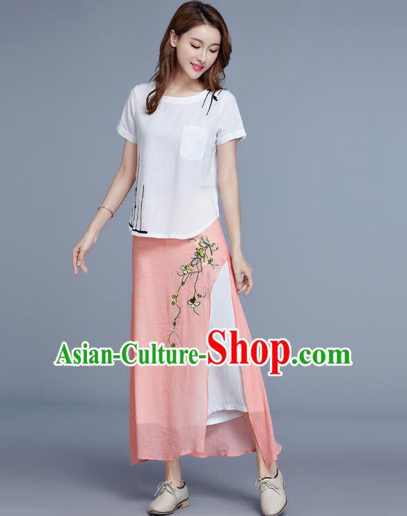 Traditional Chinese National Costume Loose Pants, Elegant Hanfu Embroidered Chiffon Pink Wide leg Pants, China Ethnic Minorities Tang Suit Ultra-wide-leg Trousers for Women