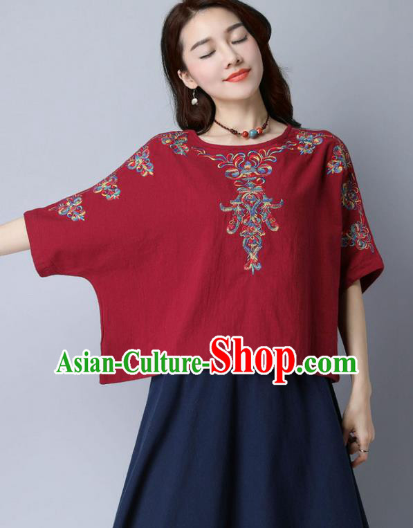 Traditional Chinese National Costume, Elegant Hanfu Embroidery Flowers Linen Red T-Shirt, China Tang Suit Blouse Cheong-sam Upper Outer Garment Qipao Shirts Clothing for Women