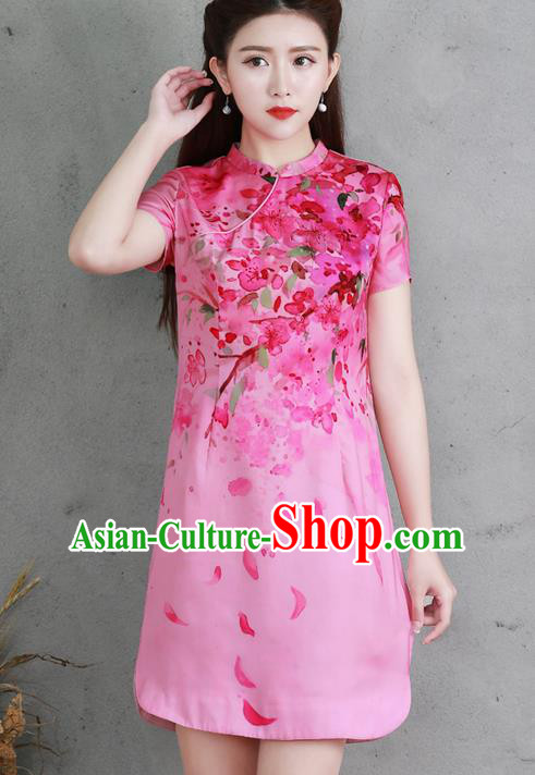 Traditional Ancient Chinese National Costume, Elegant Hanfu Mandarin Qipao Silk Printing Pink Dress, China Tang Suit Chirpaur Republic of China Cheongsam Elegant Dress Clothing for Women