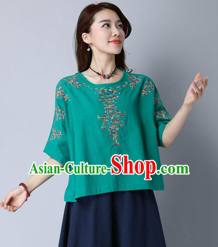 Traditional Chinese National Costume, Elegant Hanfu Embroidery Flowers Linen Green T-Shirt, China Tang Suit Blouse Cheong-sam Upper Outer Garment Qipao Shirts Clothing for Women