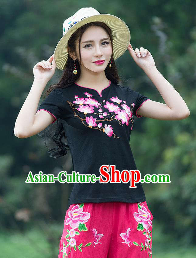 Traditional Chinese National Costume, Elegant Hanfu Embroidery Flowers Black T-Shirt, China Tang Suit Republic of China Chirpaur Blouse Cheong-sam Upper Outer Garment Qipao Shirts Clothing for Women