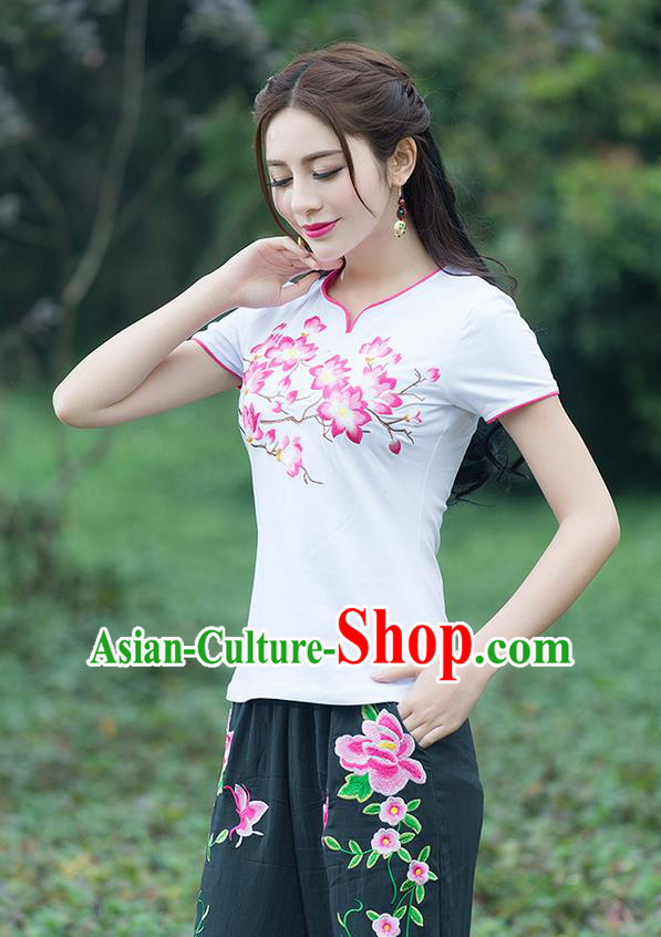 Traditional Chinese National Costume, Elegant Hanfu Embroidery Flowers White T-Shirt, China Tang Suit Republic of China Chirpaur Blouse Cheong-sam Upper Outer Garment Qipao Shirts Clothing for Women