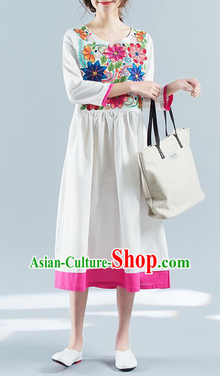 Traditional Ancient Chinese National Costume, Elegant Hanfu Mandarin Qipao Linen Embroidery White Dress, China Tang Suit Chirpaur National Minority Elegant Dress Clothing for Women
