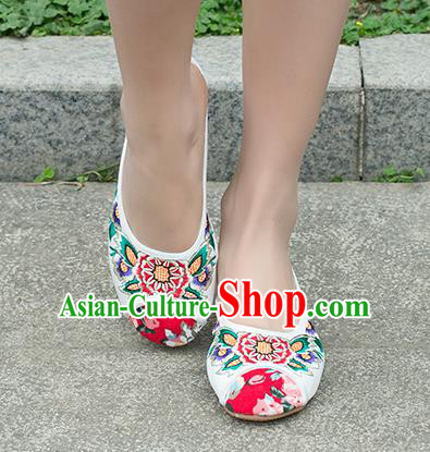 Traditional Chinese Shoes, China Handmade Embroidered White Slippers Shoes, Ancient Princess Shoes for Women