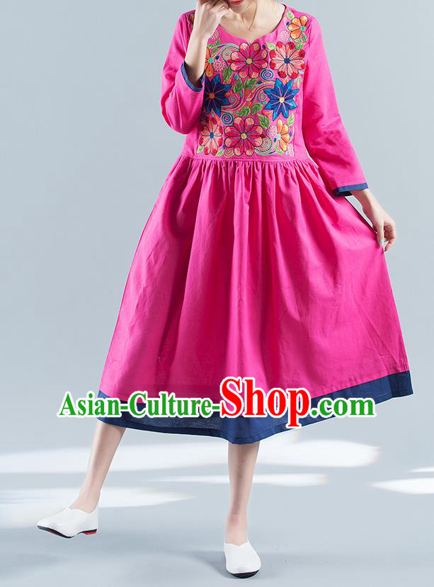 Traditional Ancient Chinese National Costume, Elegant Hanfu Mandarin Qipao Linen Embroidery Pink Dress, China Tang Suit Chirpaur National Minority Elegant Dress Clothing for Women