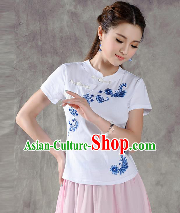 Traditional Chinese National Costume, Elegant Hanfu Embroidery Flowers Slant Opening White T-Shirt, China Tang Suit Stand Collar Plated Buttons Chirpaur Blouse Cheong-sam Upper Outer Garment Qipao Shirts Clothing for Women