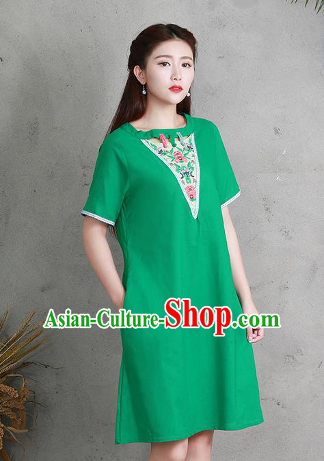 Traditional Ancient Chinese National Costume, Elegant Hanfu Linen Embroidery Green Dress, China Tang Suit Chirpaur Elegant Dress Clothing for Women