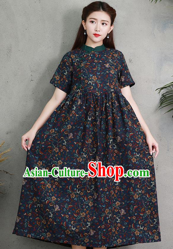 Traditional Ancient Chinese National Costume, Elegant Hanfu Printing Navy Big Swing Dress, China Tang Suit Chirpaur Cheongsam Elegant Dress Clothing for Women