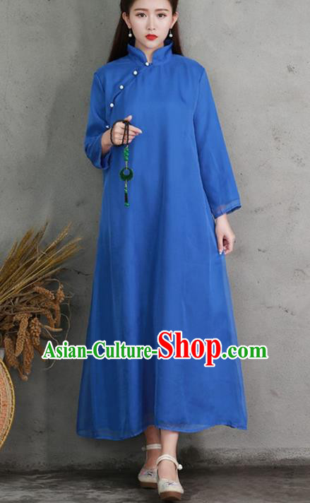 Traditional Ancient Chinese National Costume, Elegant Hanfu Mandarin Qipao Linen Slant Opening Blue Dress, China Tang Suit Chirpaur Republic of China Cheongsam Elegant Dress Clothing for Women