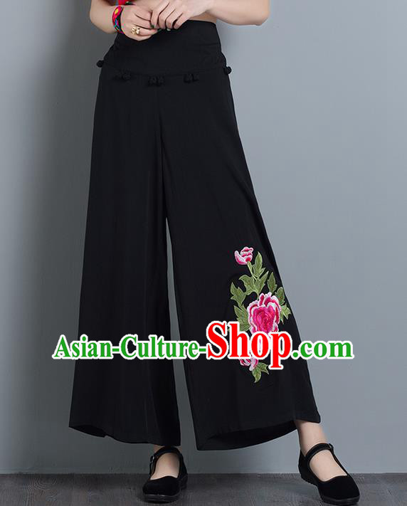 Traditional Chinese National Costume Loose Pants, Elegant Hanfu Embroidered Black Wide leg Pants, China Ethnic Minorities Tang Suit Ultra-wide-leg Trousers for Women