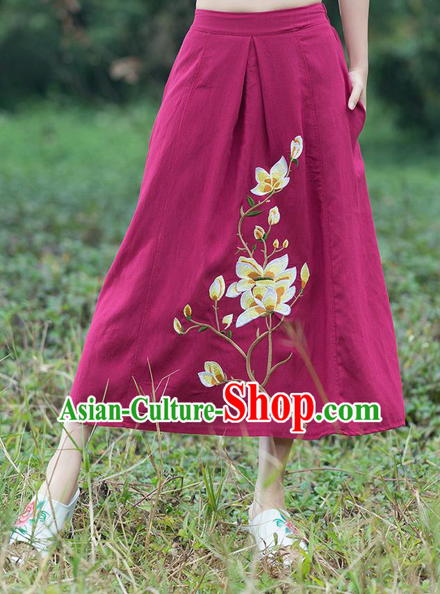 Traditional Ancient Chinese National Pleated Skirt Costume, Elegant Hanfu Linen Embroidery Long Red Dress, China Tang Suit Bust Skirt for Women