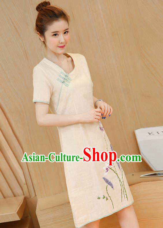 Traditional Ancient Chinese National Costume, Elegant Hanfu Mandarin Qipao Linen Hand Painting Beige Dress, China Tang Suit Chirpaur Elegant Dress Clothing for Women