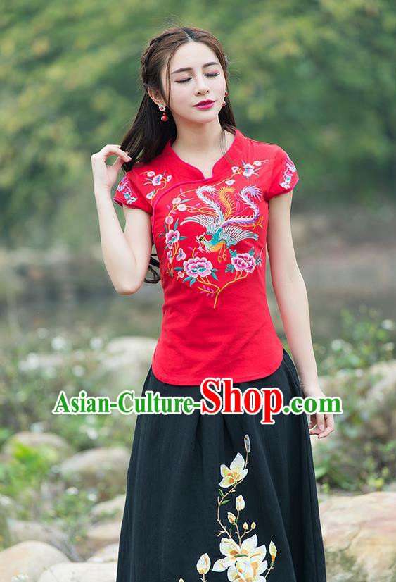 Traditional Chinese National Costume, Elegant Hanfu Embroidery Flowers Stand Collar Red T-Shirt, China Tang Suit Chirpaur Blouse Cheong-sam Upper Outer Garment Qipao Shirts Clothing for Women