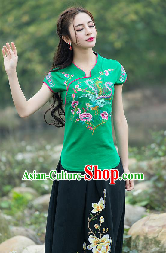 Traditional Chinese National Costume, Elegant Hanfu Embroidery Flowers Stand Collar Green T-Shirt, China Tang Suit Chirpaur Blouse Cheong-sam Upper Outer Garment Qipao Shirts Clothing for Women
