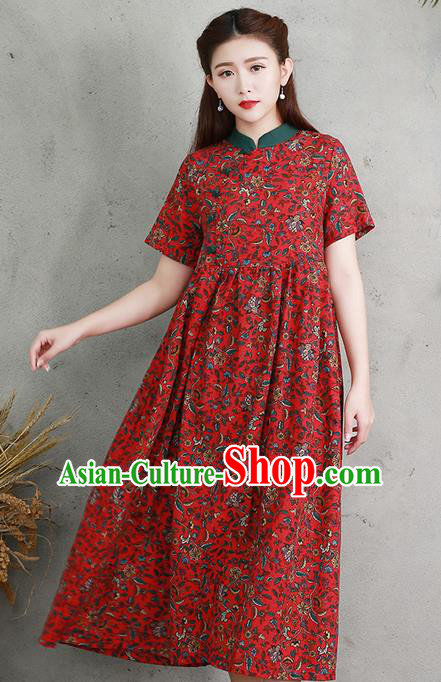 Traditional Ancient Chinese National Costume, Elegant Hanfu Printing Red Big Swing Dress, China Tang Suit Chirpaur Cheongsam Elegant Dress Clothing for Women