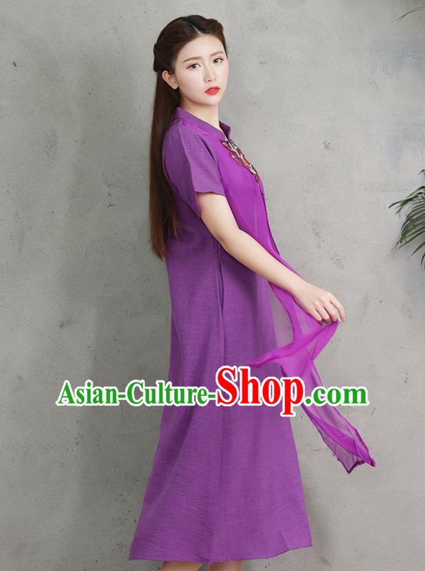 Traditional Ancient Chinese National Costume, Elegant Hanfu Embroidery Purple Stand Collar Dress, China Tang Suit Chirpaur Upper Outer Garment Elegant Dress Clothing for Women
