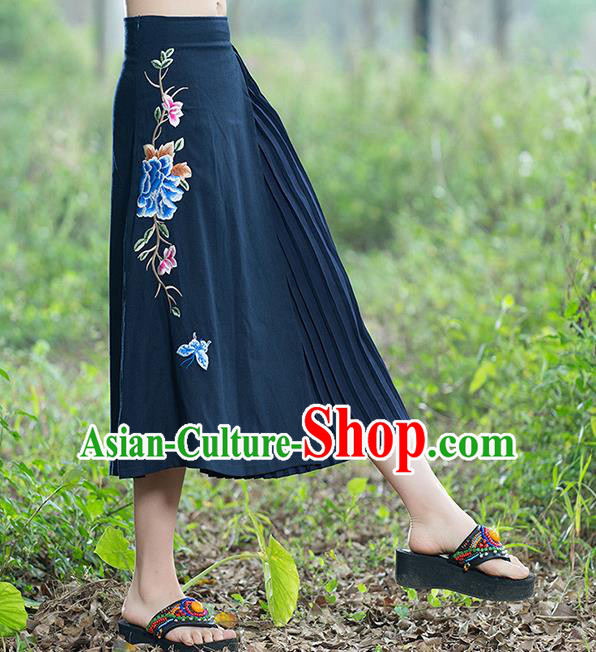 Traditional Ancient Chinese National Pleated Skirt Costume, Elegant Hanfu Embroidery Long Navy Dress, China Tang Suit Bust Skirt for Women