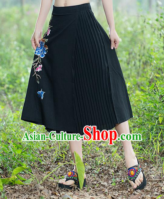 Traditional Ancient Chinese National Pleated Skirt Costume, Elegant Hanfu Embroidery Long Black Dress, China Tang Suit Bust Skirt for Women