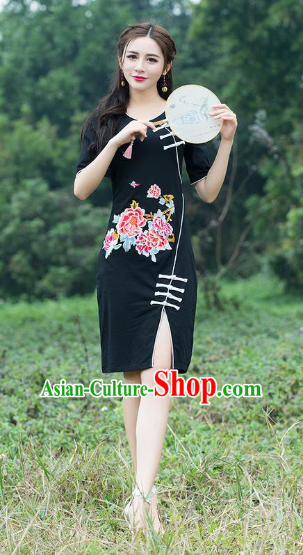 Traditional Ancient Chinese National Costume, Elegant Hanfu Mandarin Qipao Embroidered Black Dress, China Tang Suit Chirpaur Republic of China Cheongsam Elegant Dress Clothing for Women